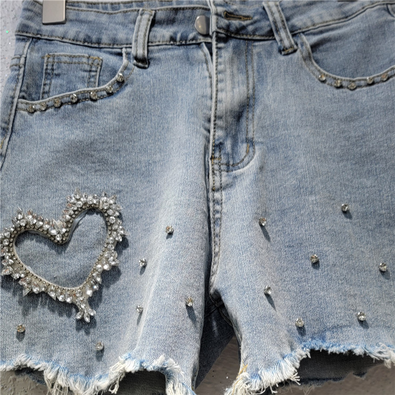 Pantalones Cortos Jeans Anchos para Mujer de Cintura Alta con Apliques para Verano