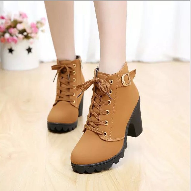 가을 겨울 신상 하이힐 여성용 대형 사이즈 부츠, 크로스 스트랩 숏부츠, 굵은 굽 마틴 부츠, 가죽 부츠, 재고 있음