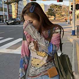 一件代发设计感渐变扎染长袖女士T恤2026春季R高弹力别致修身打底