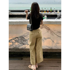 卡其色高腰直筒阔腿休闲裤女夏季2025新款宽松显瘦梨形身材九分裤