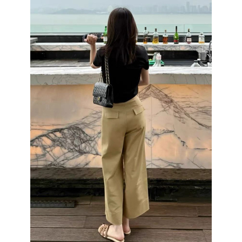 卡其色高腰直筒阔腿休闲裤女夏季2025新款宽松显瘦梨形身材九分裤|undefined