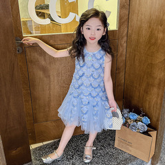 Little Girl 2024 New Mermaid Scale Sequin Dress Children Sleeveless Elsa Net Gauze Pearl Backless Dress