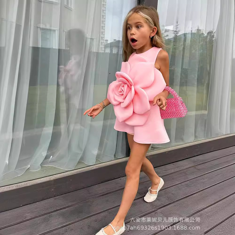 Children's Dress Skirt 2025 New Girls Dress High-End Banquet Dress Pink Stereo Flower Vest Dress