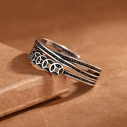 Caroge Retro Thai Silver Chinese Style Coins Copper Money Lucky Ring Women's Double Line Open Ring