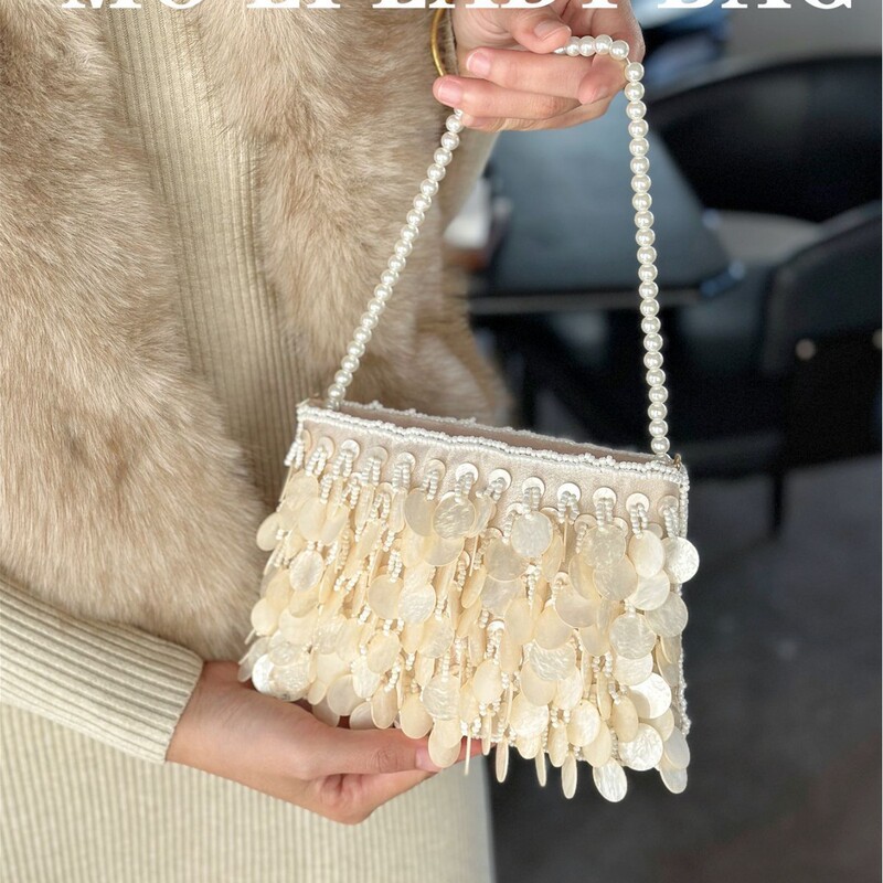 French-Style Vintage Sequin Shell Dumpling Bag with Pearl Chain Evening Clutch Crossbody Bag for Women