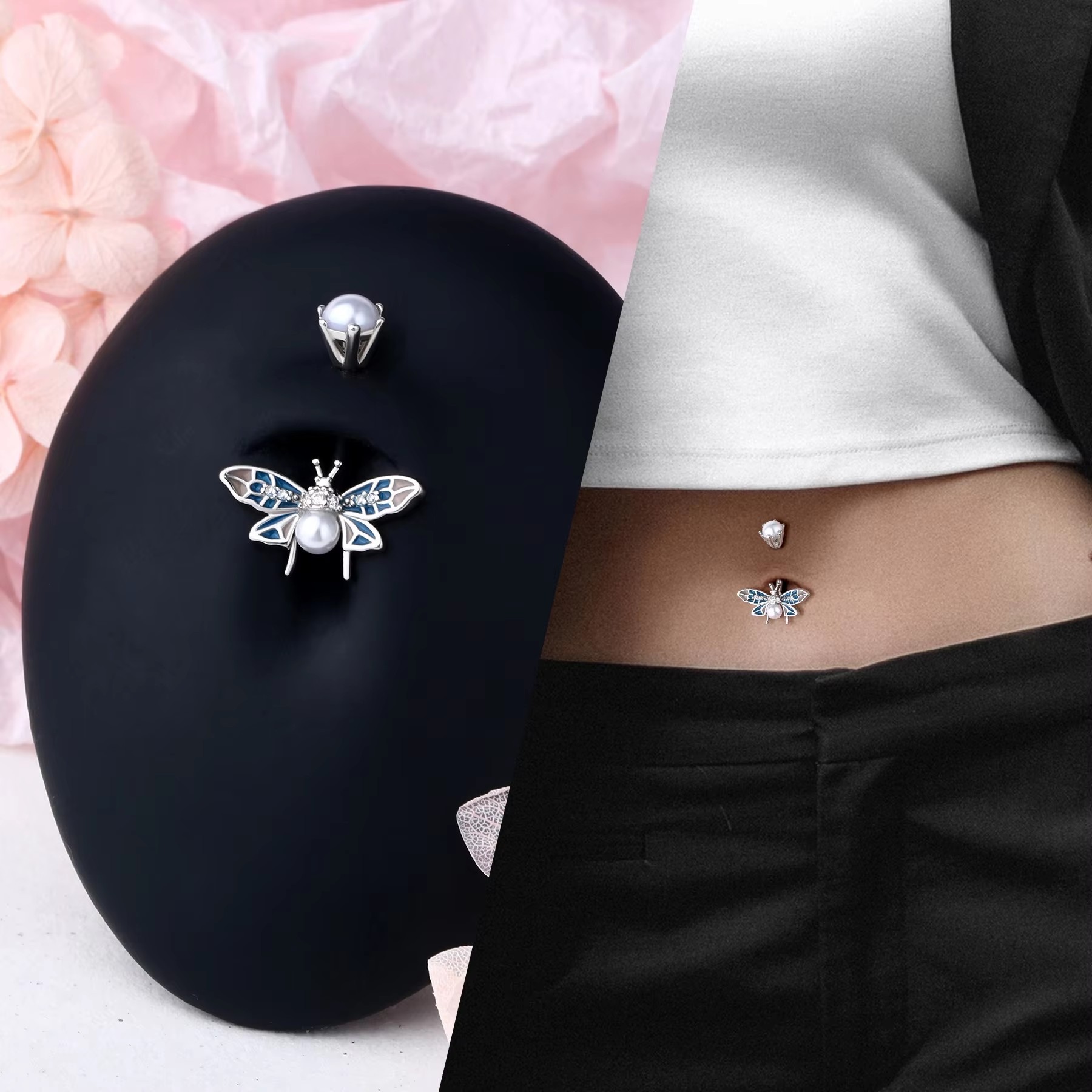 Piercing per ombelico in acciaio inossidabile multicolore in stile europeo e americano con farfalla e zircone_voghion.com