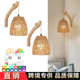 跨境亚马逊免布线壁灯RGB充电遥控灯泡鹿角木架复古日式竹编壁灯