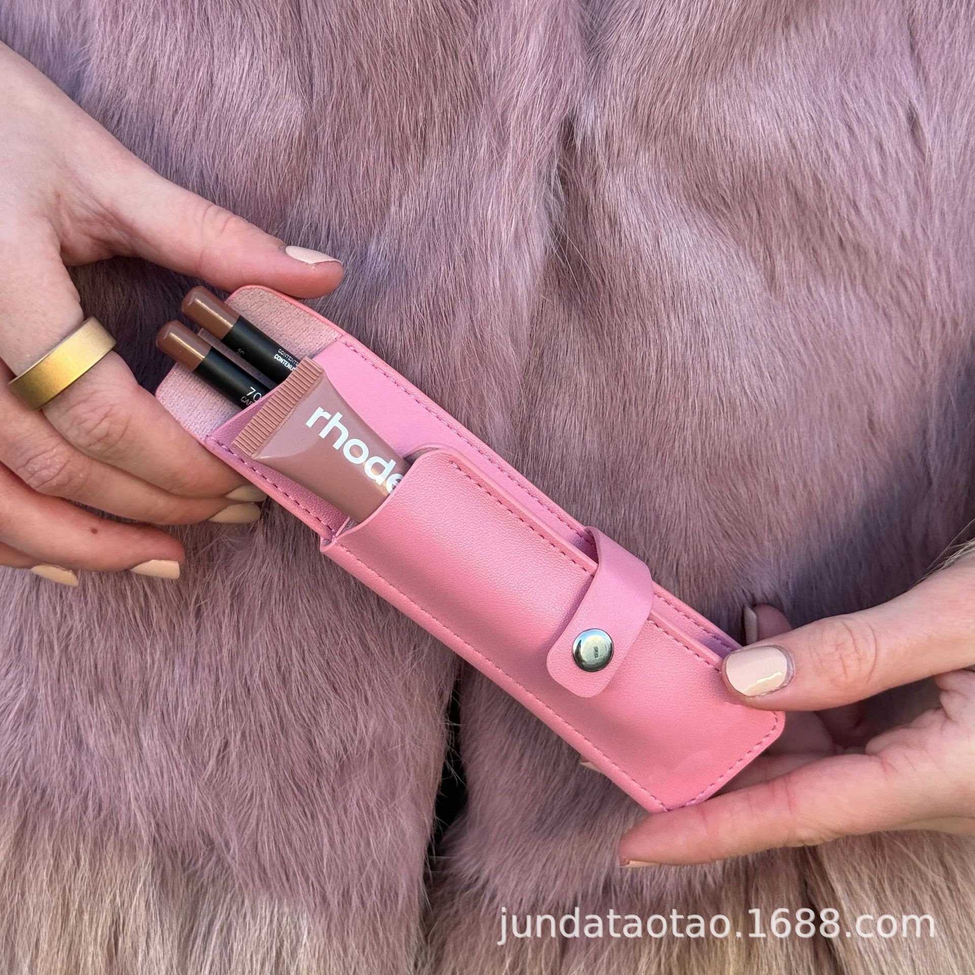 New double-pocket lipstick and eyebrow pencil storage case, PU leather portable lip gloss storage bag, lipstick case