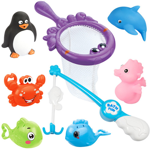 Baby water play bath toy fishing net fish-catching children infant water play toy soft rubber water play squeeze call spray water moving