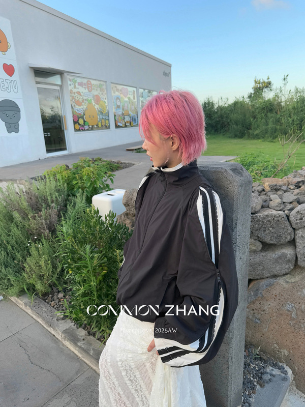 CZ ZHANG秋学院风设计感条纹撞色运动外套女宽松休闲上衣B37463|undefined
