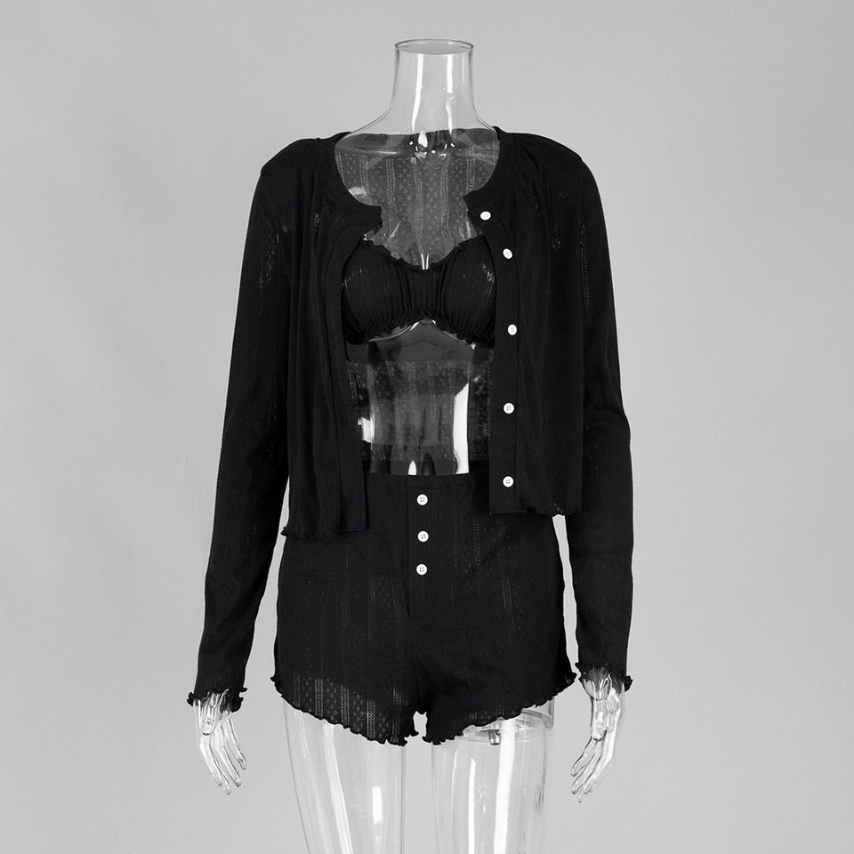 Bộ đồ ngủ nữ 3 món dệt kim gồm áo cardigan dài tay, áo lót và quần short — In hoa, Màu hồng, Màu trắng, Màu xanh dương chi tiết 12