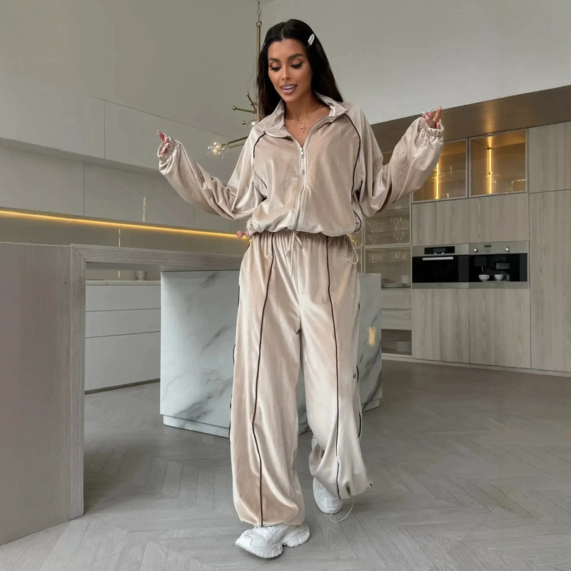 Cross-border European and American retro velvet striped sports suit with stand-up collar, full-zip cardigan jacket, and high-waisted drawstring wide-leg pants Cross-border European and American retro velvet striped sports suit with stand-up collar, full-zip cardigan jacket, and high-waisted drawstring wide-leg pants