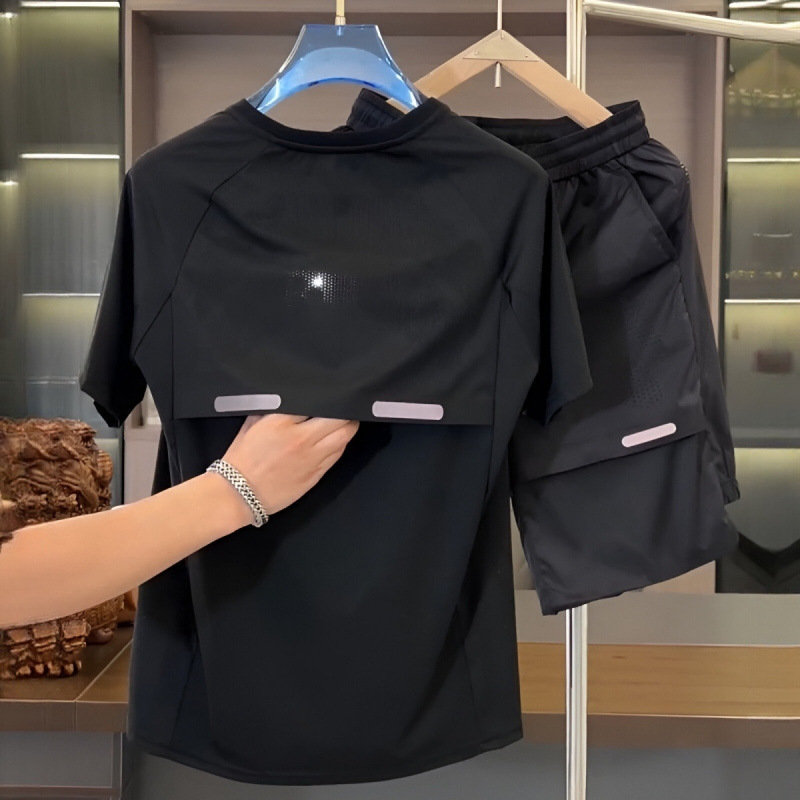 Camisa de seda de hielo con costuras transpirables de verano, pantalones cortos, traje de ocio deportivo de secado rápido suelto de alta elasticidad para hombre de dos piezas