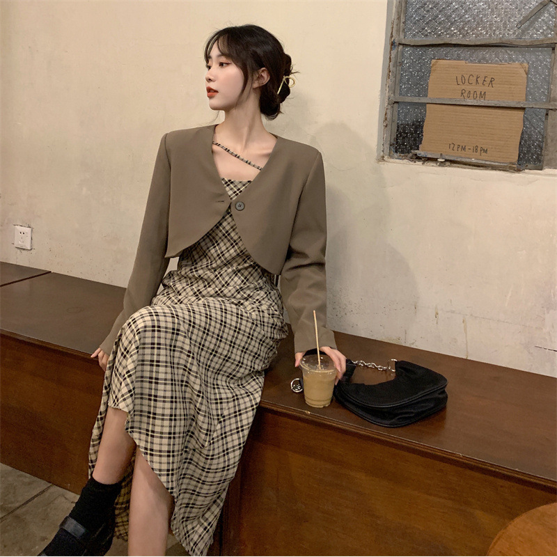 Fat Qiqi ~ plus size Autumn Retro Temperament Suit Jacket Plaid Design Sling Fishtail dress Women