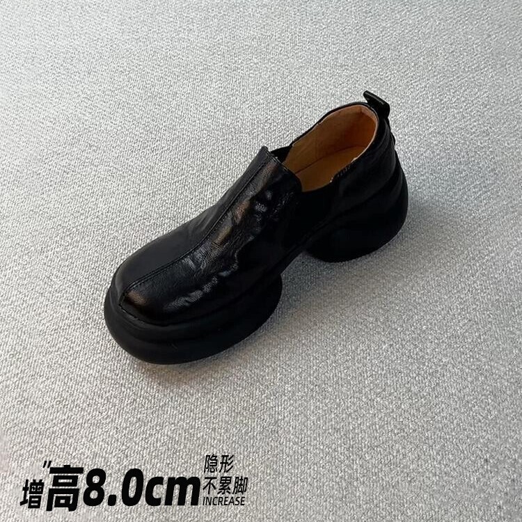 Sheepskin version ~ inside height-increasing muffin thick-soled retro leather shoes women's deep-mouth single-layer shoes one-step British style loafers