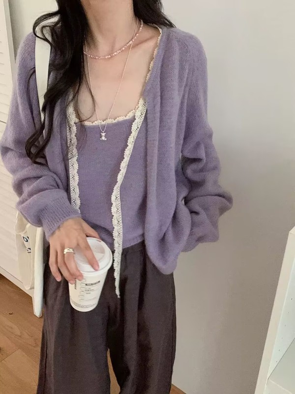 韩系温柔风软糯气质百搭蕾丝拼接针织开衫吊带两件套女秋季新款|undefined