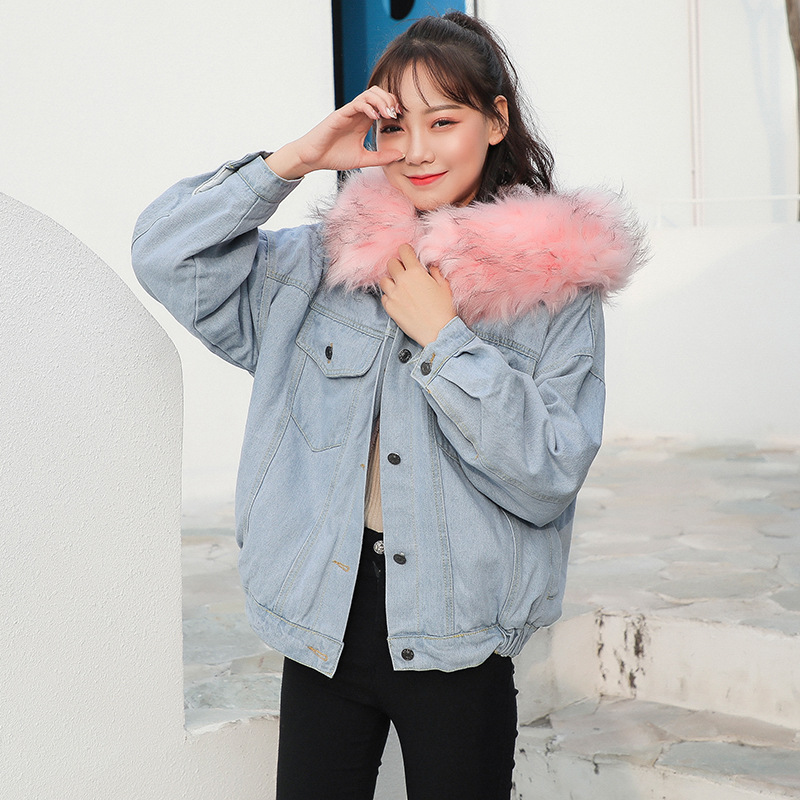 Abbigliamento da donna cappotto invernale in cotone denim con colletto in peluche spesso cappotto da donna cappotto corto in cotone in peluche_voghion.com