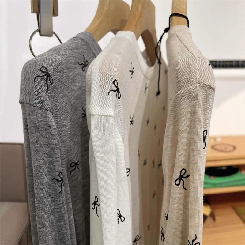 2025 Summer New Round Neck Bow Perspective Tencel Wool Base Shirt Women's Slim-fit Slimming Long-sleeved T-shirt 2025 Summer New Round Neck Bow Perspective Tencel Wool Base Shirt Women's Slim-fit Slimming Long-sleeved T-shirt
