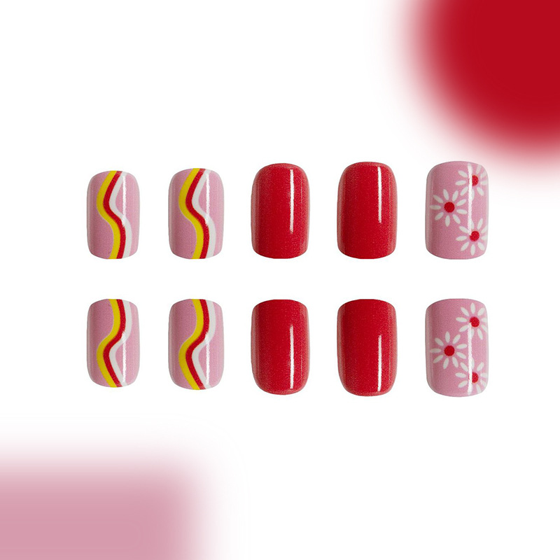Ongles courts brillants à rayures contrastées de couleur douce et florale, ongles à porter, orange doux et rose, amovibles, 24 pièces_voghion.com