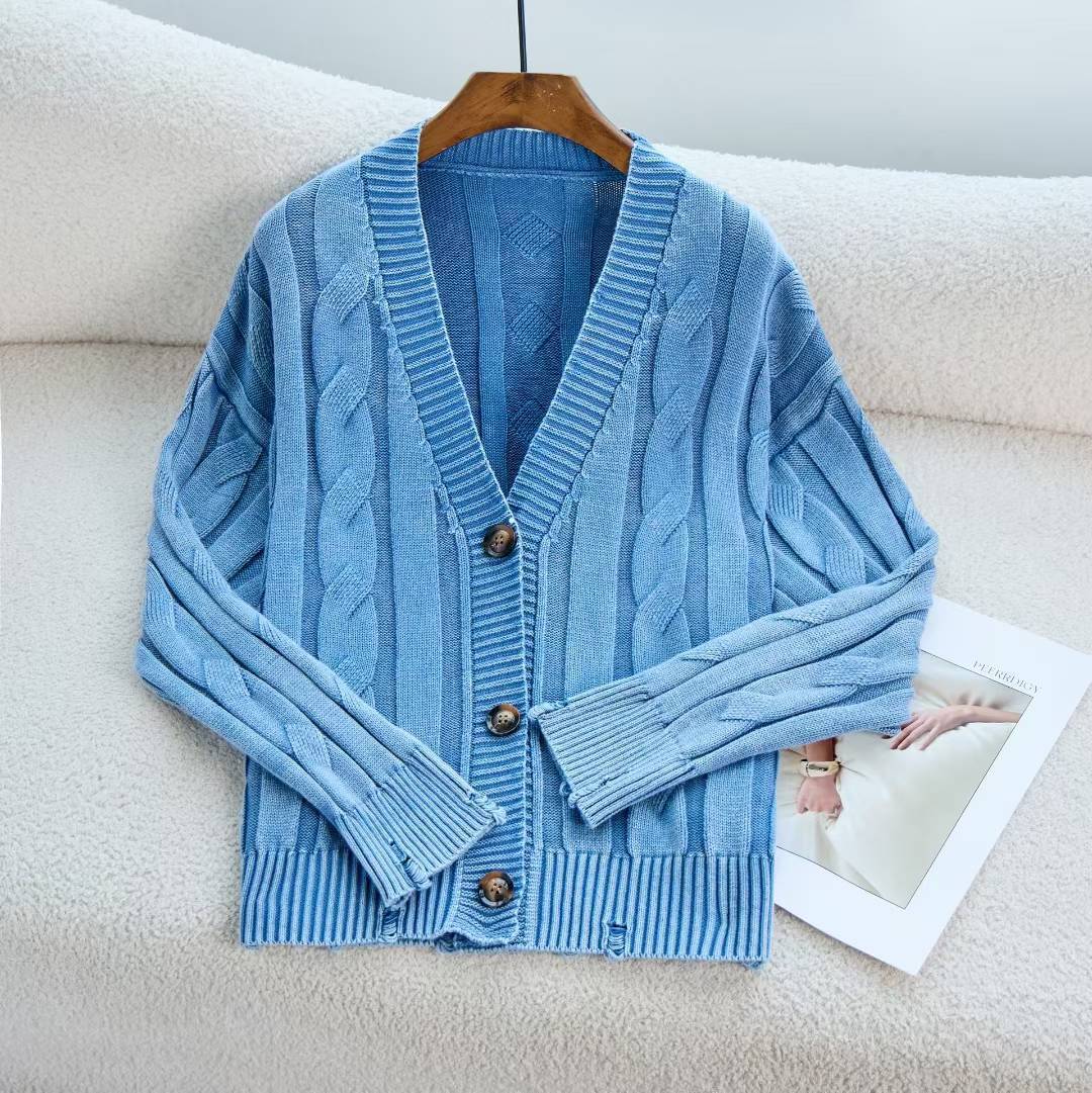 Coreano retro cuello redondo torcido de camisa de punto de mujer otoño y invierno nuevo estilo para hacer viejos agujeros suéter suelto chaqueta de mujer image 5