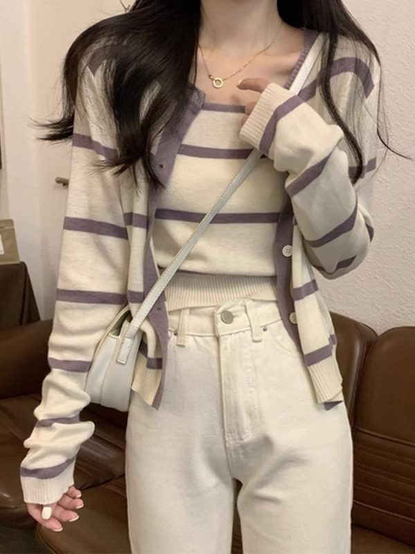 别致漂亮条纹长袖针织开衫套装女秋季毛衣外套上衣吊带背心两件套|undefined