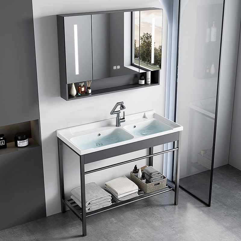 Floor-Standing Stainless Steel Double Basin Sink Ceramic Integrated Bracket Wash Basin Bathroom Deep Washstand Washstand