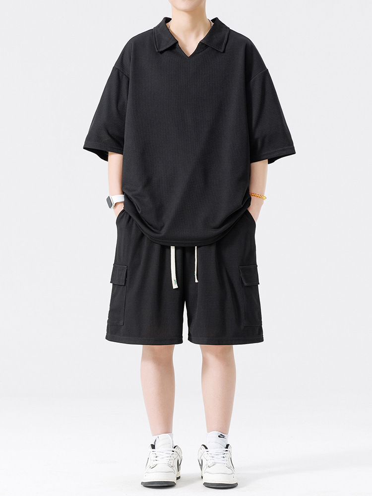 Nuevo traje deportivo suelto con solapa para hombre, pantalones cortos de manga corta para hombre de moda juvenil, traje de dos piezas casual y simple