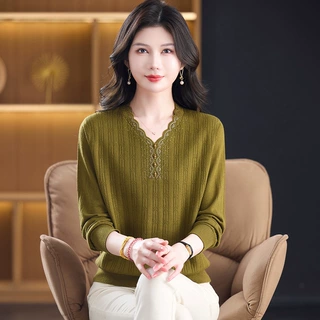 【100%纯羊毛】针织羊毛衫中老年打底衫妈妈毛衣女装厚款上衣秋冬