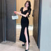 Deep V-neck mesh patchwork dress