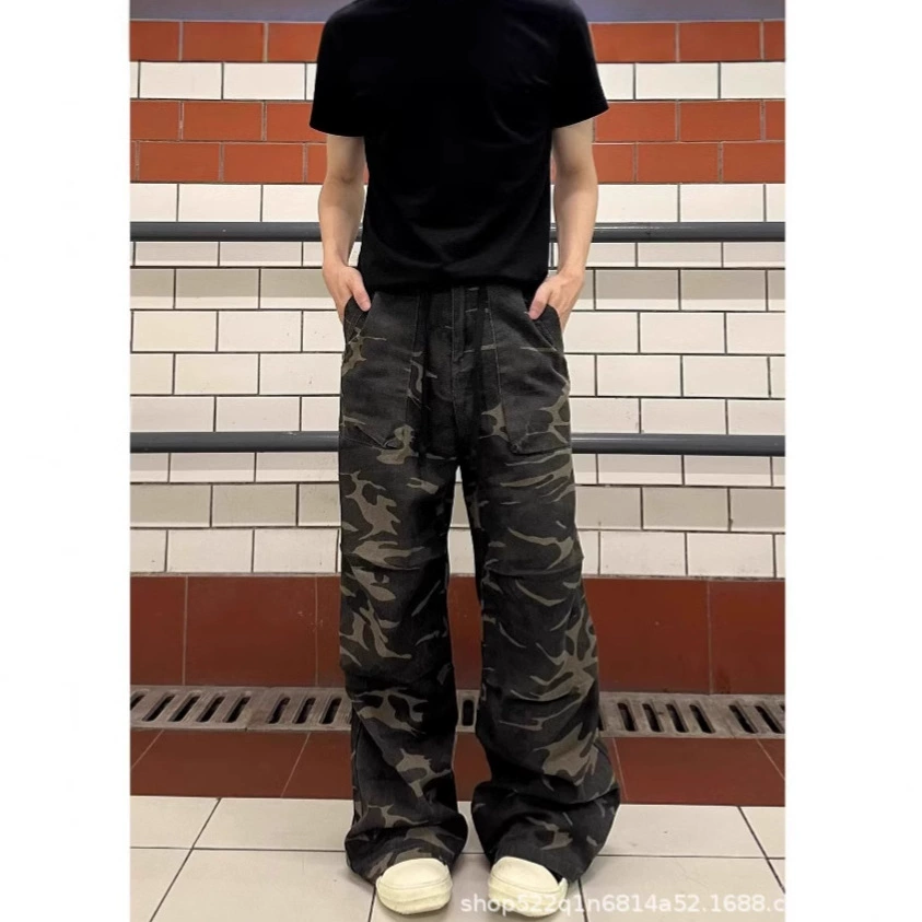 Прямая складка дизайн камуфляжные джинсы для мужчин и женщин ретро свободные американские повседневные брюки