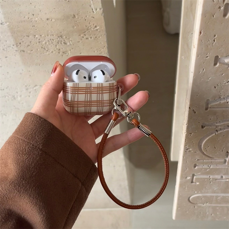 日韓insブラウンチェック柄革紐Airpods4世代イヤホンカバー適用エアポッドプロ2世代保護カバー3世代|undefined