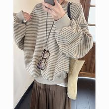 慵懒风条纹长袖圆领毛绒卫衣女秋冬加绒新款宽松套头百搭休闲上衣