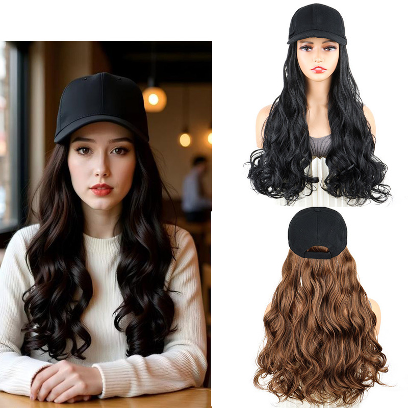 Wig for Women with Long Curly Hair, Big Waves, Full Head Cover, Baseball Cap Wig, Hair Net, Slightly Curly