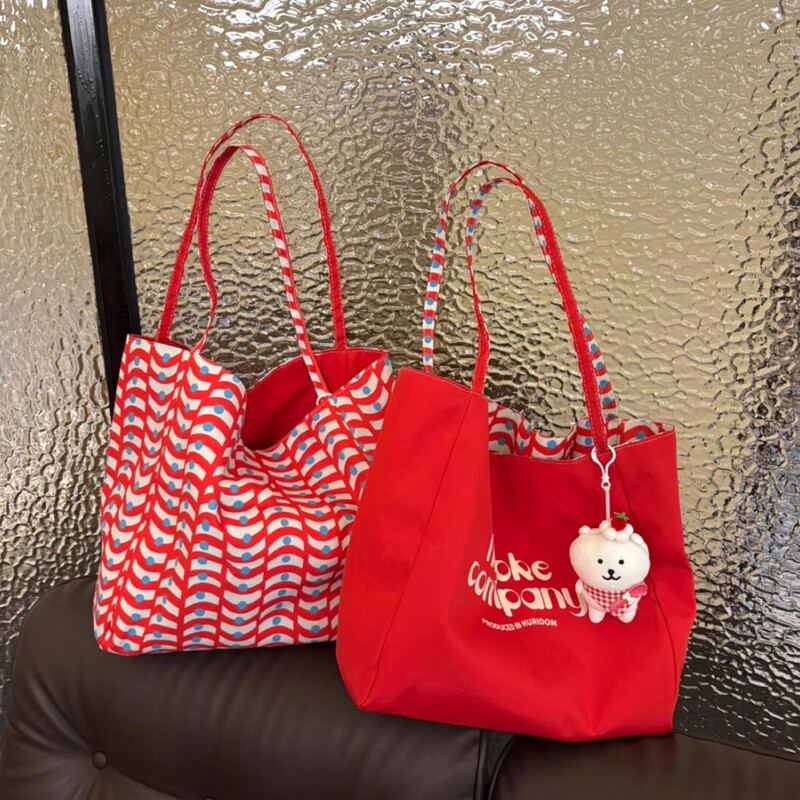 Korean Red Casual Plaid Canvas Bag Women's Large-Capacity Letter Shoulder Tote Bag Double-Sided Back Commuter Bag