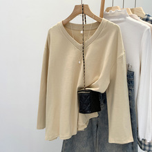 基础款小众纯色V领百搭休闲宽松长袖T恤女装2025秋季新款内搭上衣