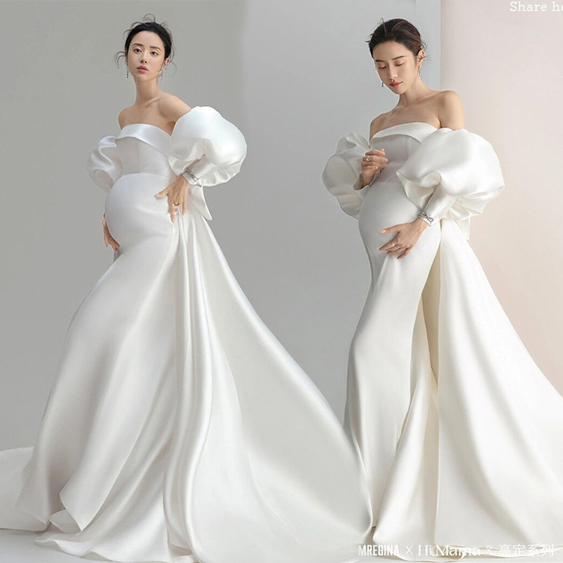 Pregnant Women Photo Clothing New Photo Studio High-set Simple Satin White Dress Pregnant Women Photo Photography