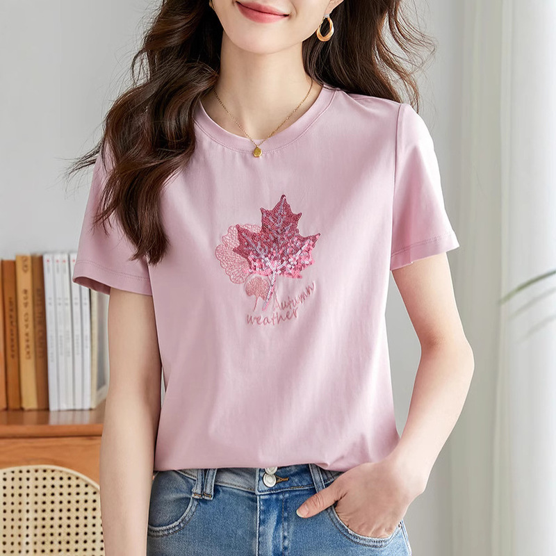 European-style maple leaf sequined short-sleeved T-shirt for women 2023 Summer new fashion loose slimming round neck half-sleeve top fashion