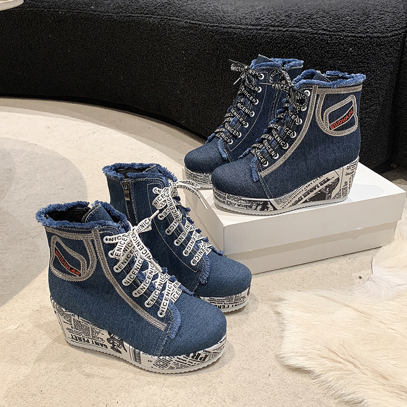 2023 nuevas botas de moda con cordones de punta redonda de lana Comercio exterior de moda más tamaño de cuña inferior inglés zapatos altos