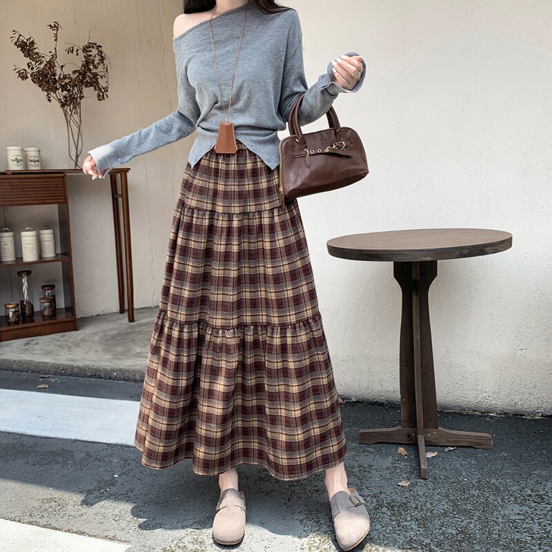 2025咖色格子中长款半身裙秋冬高级感复古文艺拼接蛋糕a字裙女|undefined
