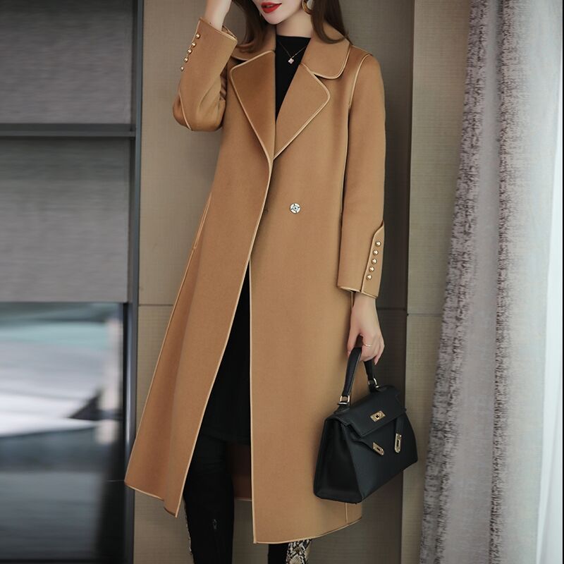 winter Show thin Solid Hemming leisure time Fur coat Mid length version belt tailored collar Cashmere overcoat wholesale