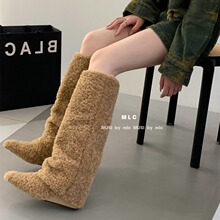 2023新款长筒靴毛毛靴子高筒靴时髦裤管靴时尚坡跟尖头不过膝长靴