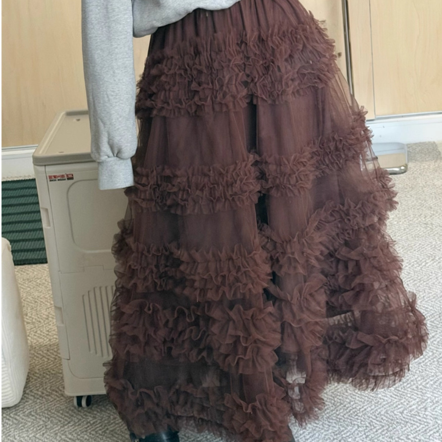 Korean Order 2025 Autumn Design Multi-Layer Mesh Ruffle A-Line Cake Skirt Heavy Lace Skirt 4809
