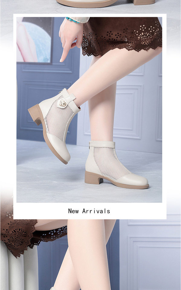 Boot nữ cổ thấp da lưới gót thấp thoáng khí, đế thô chắc chắn — màu đen chi tiết 12