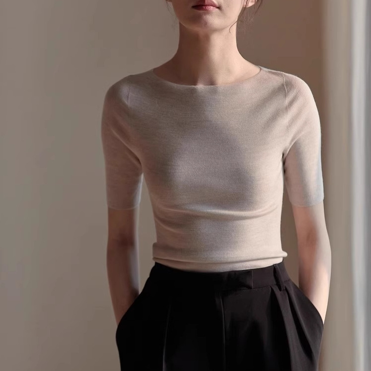 French style knitted shoulder T-shirt bottoming shirt women's summer ice silk short sleeve off-shoulder high-grade mid-sleeve off-shoulder top thin