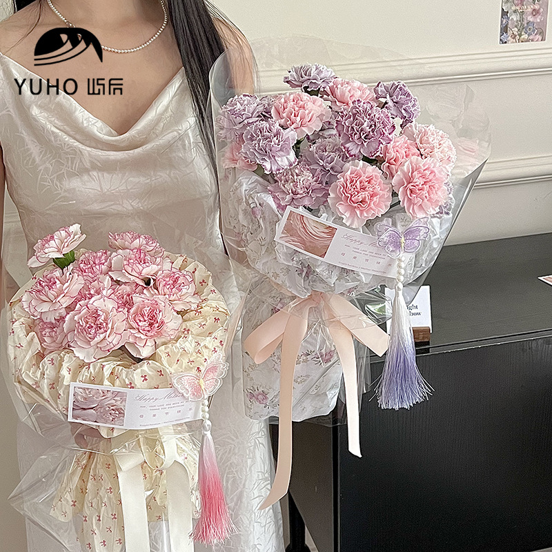 屿后 中式印花内衬纸鲜花花束加厚包花纸刺绣蝴蝶流苏花店diy资材