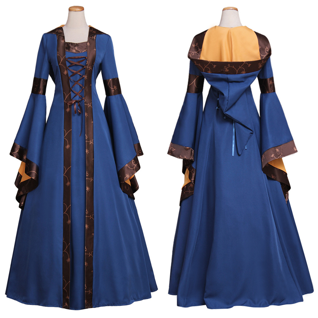 外贸中世纪复古宫廷连帽连衣裙方领系带喇叭袖大摆裙奇幻角色扮演