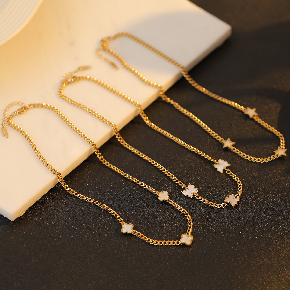 Fashion Four Leaf Clover Star Butterfly Titanium Steel Plating Inlay Shell Bracelets Necklace 1 Piec