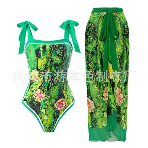 Women's European and American one-piece swimsuit with multi-color prints, chiffon dress, high-end feel, long dress, fashionable and simple