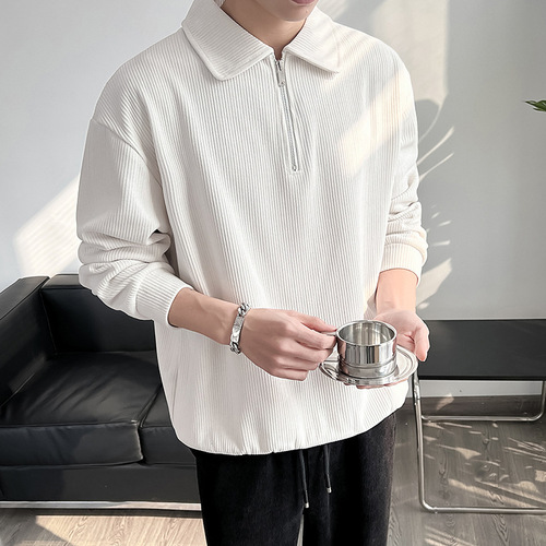 Half Zip Polo Sweatshirt for Men - Autumn Trendy Streetwear with a Tough and Cool Style, Light Mature Fashion, Youth Collar Striped Thin Jacket