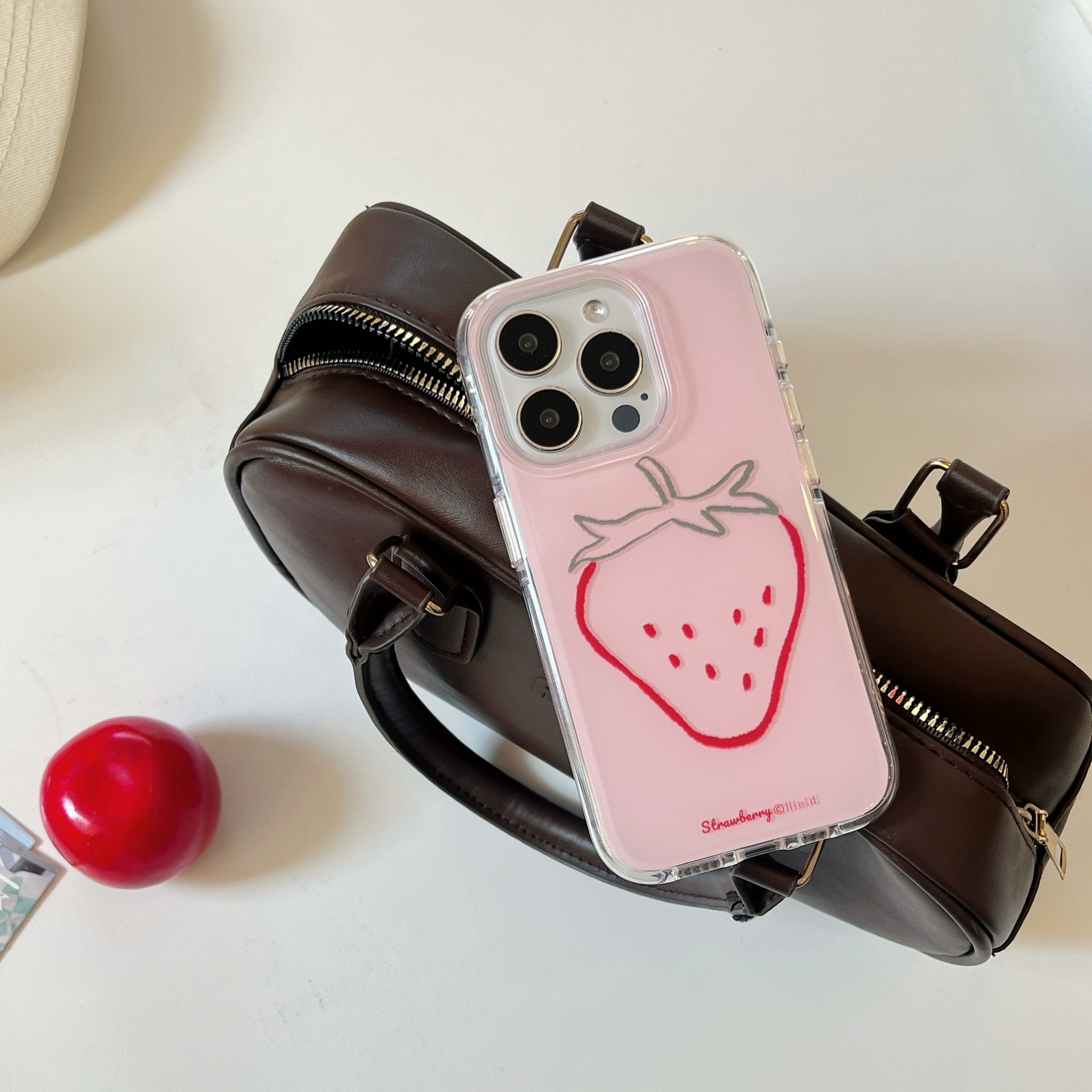 Línea rosa simple fresa fruta apta para Apple 15PorMax nicho 16Pro funda para teléfono móvil 14/13 hembra 16